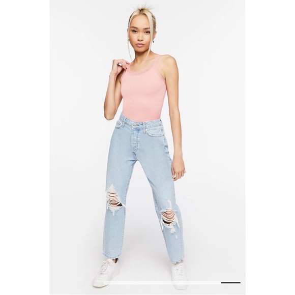 New F21 Recycled Cotton Distressed Mom Jeans - Picture 2 of 7